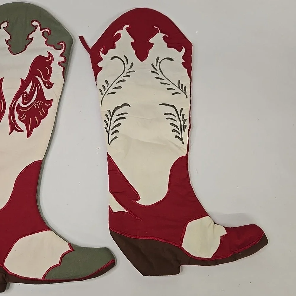 Green And White Cream Stocking Cowboy Boot Christmas  Country‎ Western Lot Of 2